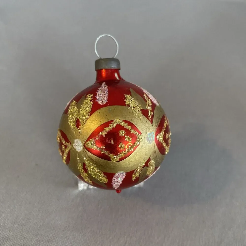 Vintage Christmas Red Gold Glass Ball Ornaments Hand Painted Glitter Holiday